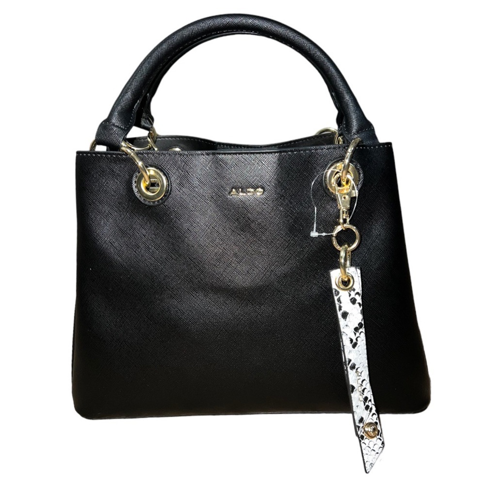 NWT Aldo Black Satchel Tote Bag with White|Black Snake Skin Bag Charm